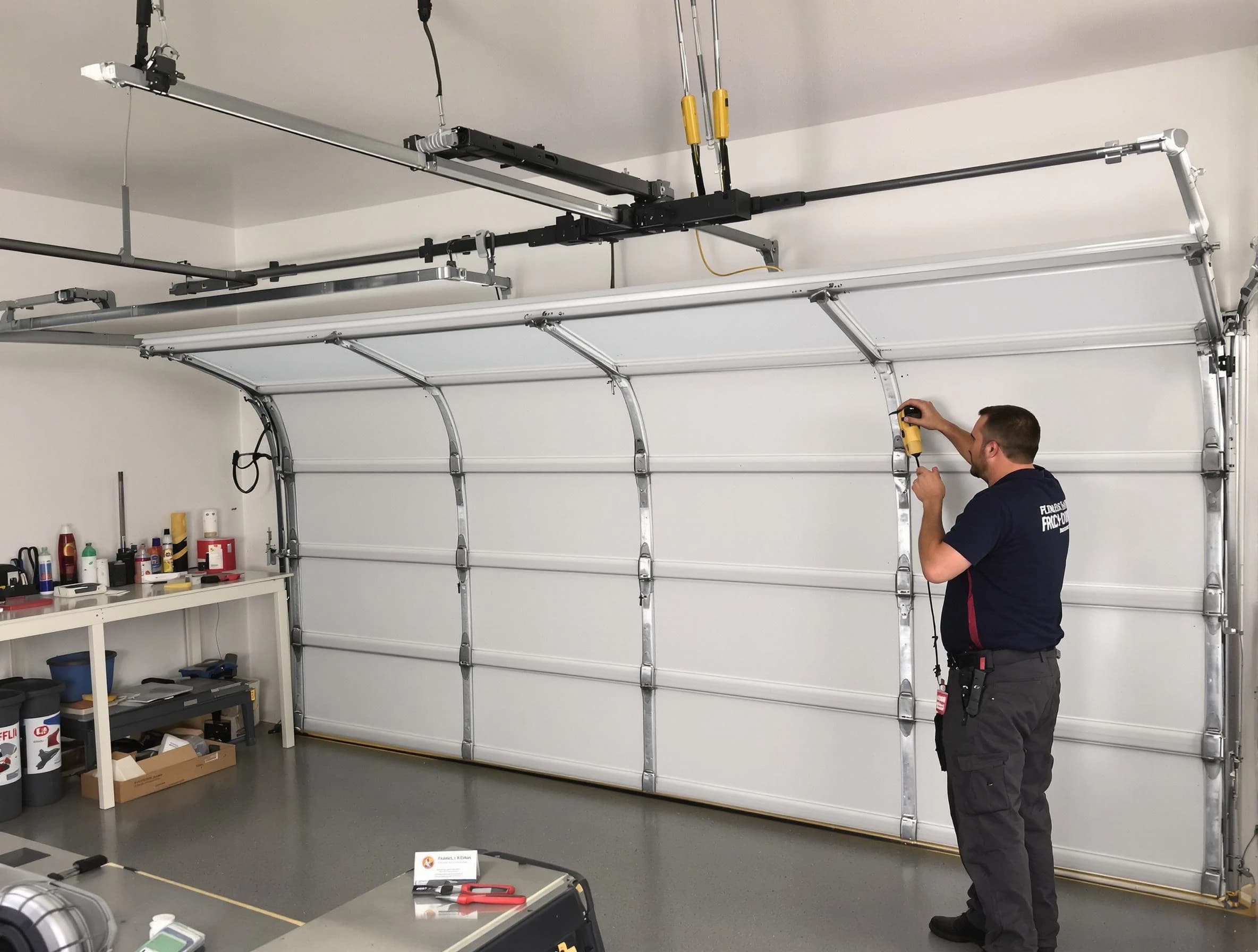 Forestdale Garage Door Repair certified technician performing overhead door system repair in Forestdale