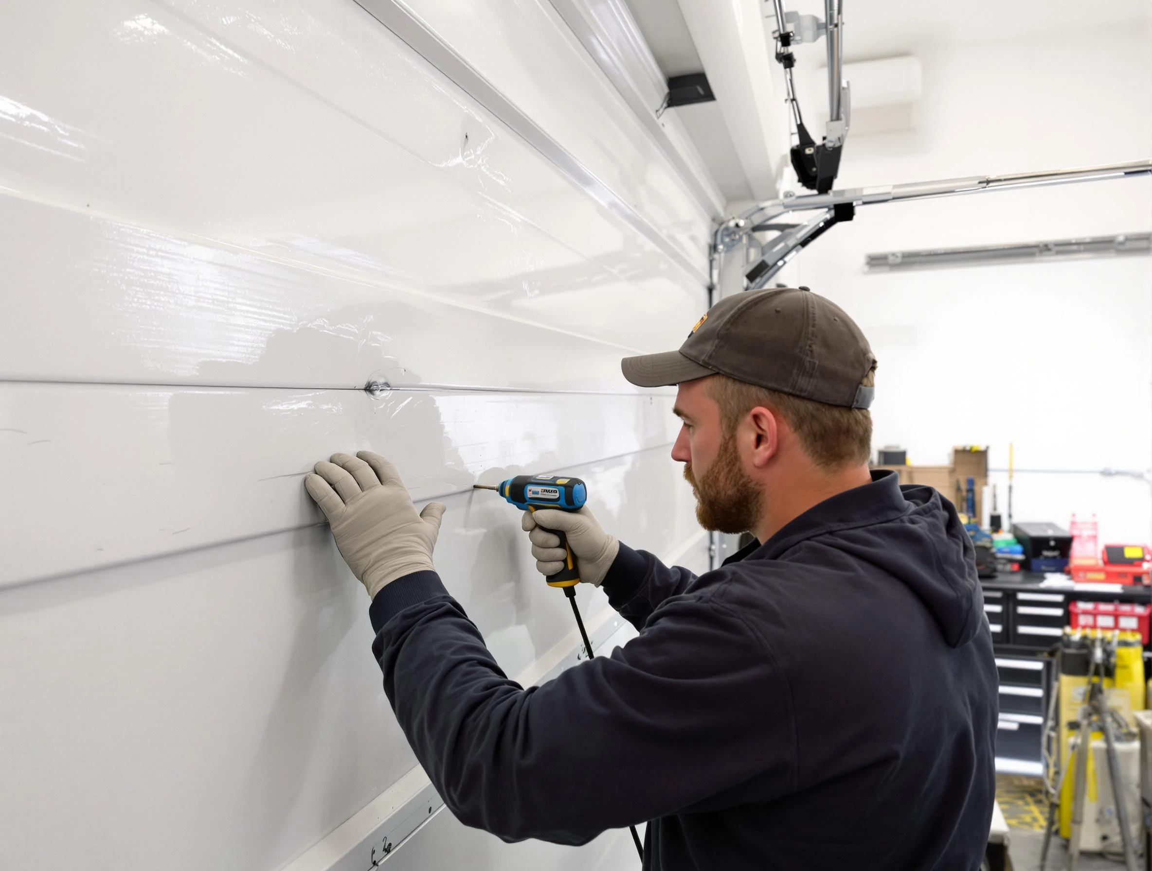 Forestdale Garage Door Repair technician demonstrating precision dent removal techniques on a Forestdale garage door