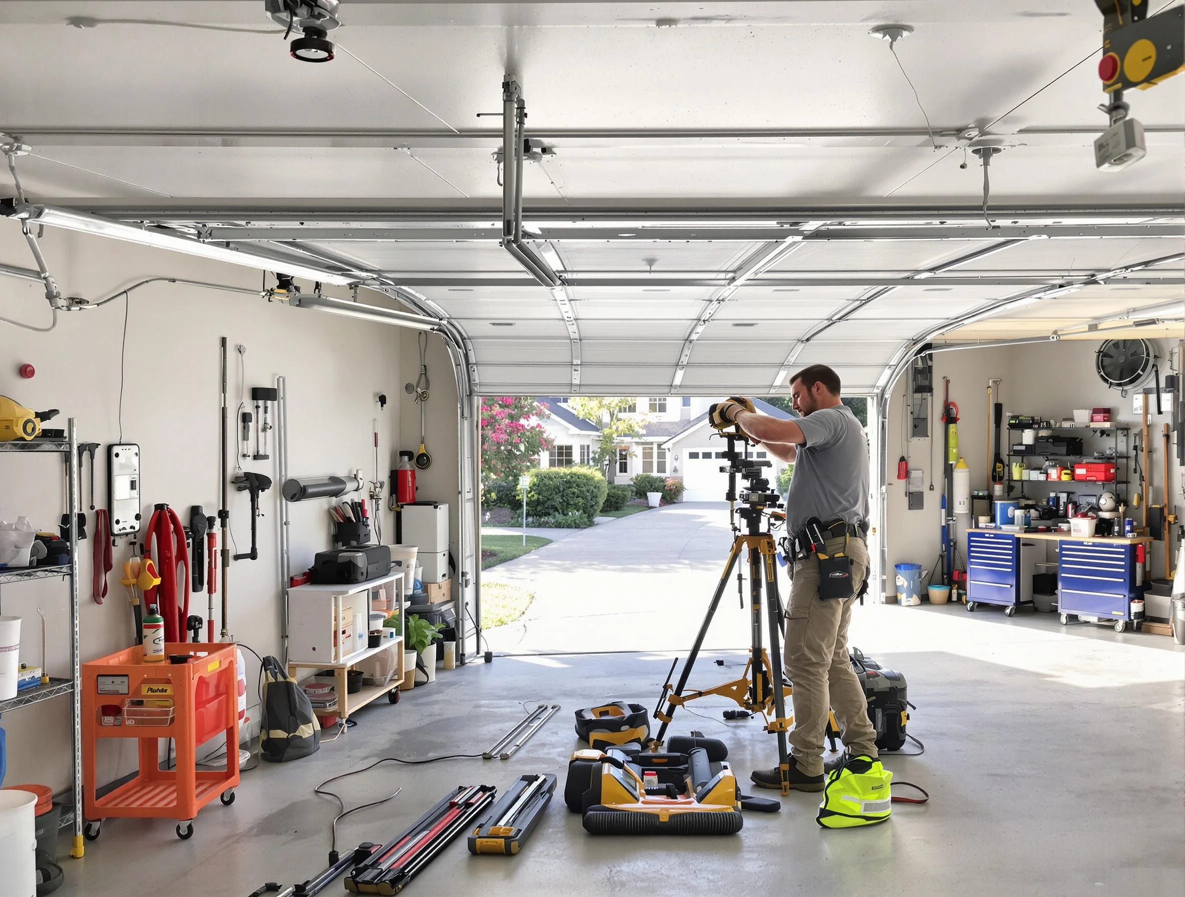 Forestdale Garage Door Repair specialist performing laser-guided track alignment in Forestdale